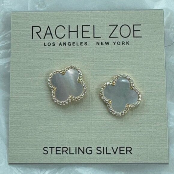 Rachel Zoe Mother of Pearl Sterling Silver 925 Gold Plated Clover Stud Earrings - Picture 12 of 12